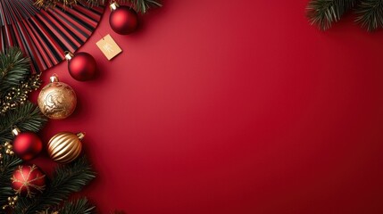 Festive red background with Christmas ornaments and greenery