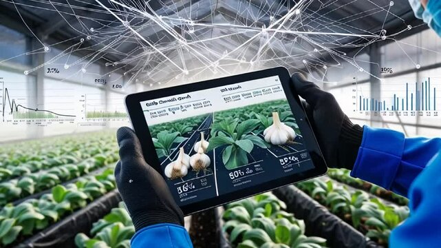 agronomist hands with tablet, garlic in greenhouse, crop control
