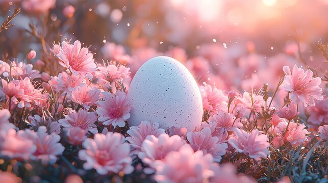 A white easter egg stands tall amid a field of pink flowers as the sun sets