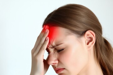 Fototapeta premium Girl with a hand on her forehead, eyes closed, visibly in pain, solid white background