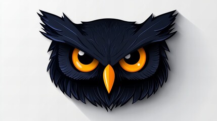 Intense gaze of a dark owl, striking orange eyes against a stark white background.  A captivating digital illustration.