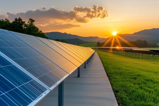 Sereno atardecer en un parque solar con cientos de paneles fotovoltaicos