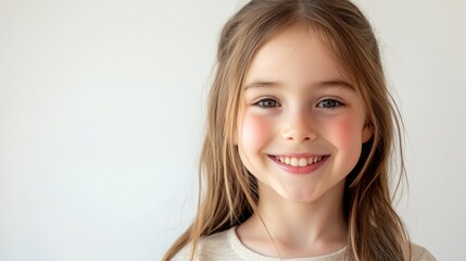 Girl with a mischievous, cheeky grin, hinting at humor, solid white background