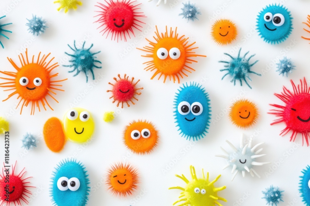 Poster Bright cheerful microbes with smiling faces and colorful features in a playful arrangement on a white background. Generative AI