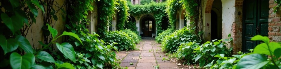 Fototapeta premium Overgrown garden paths in a neglected courtyard, vines, decay, courtyard