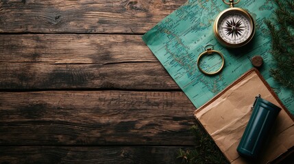 Vintage travel essentials on a rustic wooden surface
