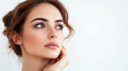 Fototapeta premium Girl with an intense, focused gaze, deep in thought, natural lighting, solid white background