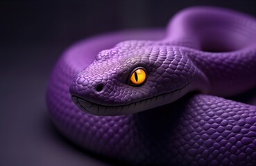 Fototapeta premium Close-up view of vivid purple snake with bright yellow eyes. Reptile seems alert, focused. Skin texture detailed, shows scales. Snake positioned in way suggesting readiness. Image suitable for