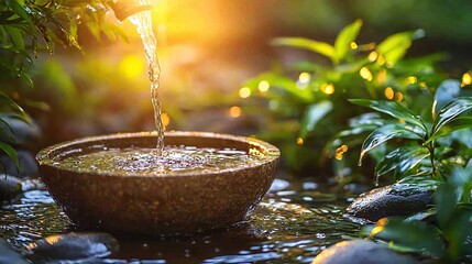 Water pouring into stone bowl in serene garden at sunset.