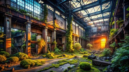 Dark, gritty basalt textures dominate these urban exploration photos of weathered industrial ruins.