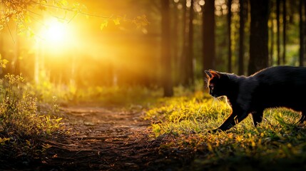 Black cat walking through a sunlit forest path surrounded by lush greenery, creating a serene and enchanting atmosphere in nature during sunset