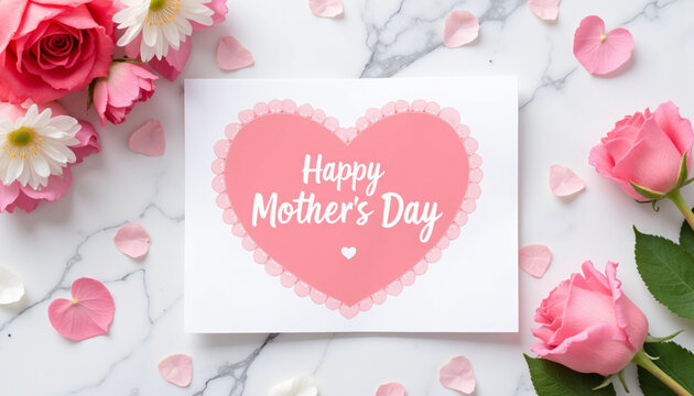 Mother's Day greeting card with pink heart design on marble background.  AI Generation