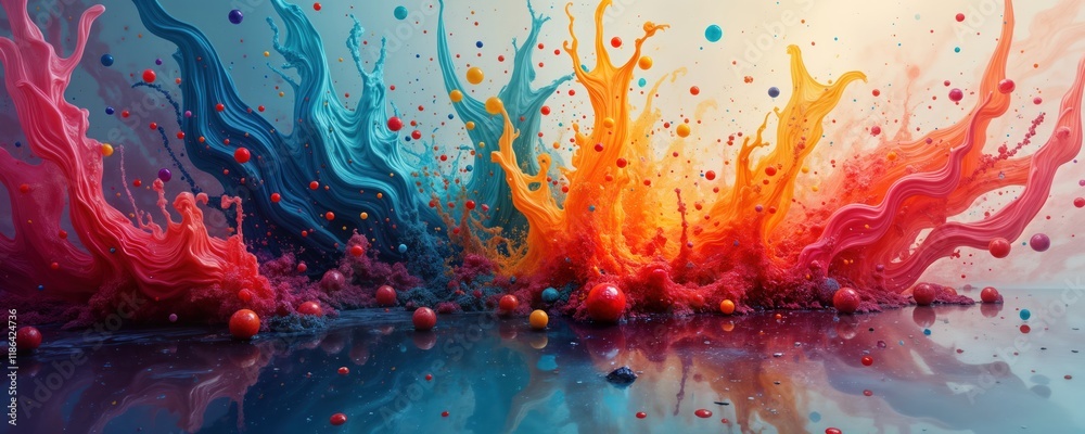 Aufkleber Colorful explosion of vibrant paints, liquids. Dynamic swirls, splashes of color mix creating abstract art. Colorful shapes, textures. High-colored paint. Abstract design. Fluid motion. Macro view of