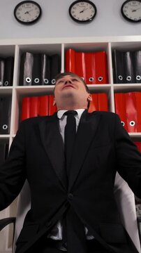 Handsome Businessman in formal suit and tie desperate can not help You with business deal. Sorry excuse apologise with client concept. Wide POV footage. Vertical Shot.