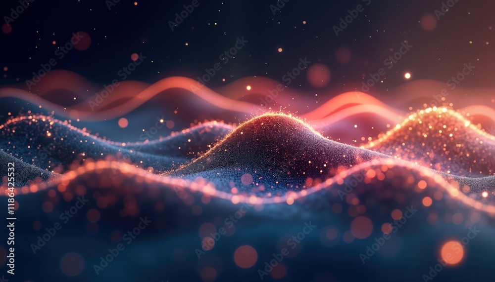 Poster Abstract digital waveform with data visualization. Glowing colorful lines, particles create dynamic pattern. Flowing energy, movement. Futuristic, modern tech design. Abstract tech art with glowing