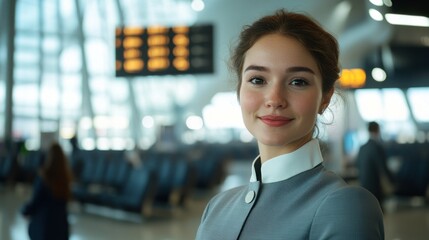 Obraz premium Awaiting Departure: A young woman in a stylish grey blazer, standing amidst a bustling airport terminal, awaits her journey, her bright smile radiating excitement and anticipation.