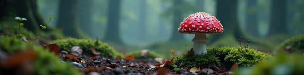 Fototapeta premium Red and purple cap of a mushroom blends into misty forest surroundings, ambiance, misty forest