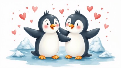 Obraz premium The image shows two penguins standing on an iceberg with their arms around each other. The penguins are black and white with orange feet and beaks.