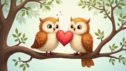 Obraz premium The image shows two owls sitting on a tree branch with a red heart in between them. The owls are facing each other and appear to be in a loving embrace.