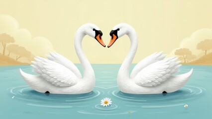 Obraz premium The image shows two white swans making a heart shape with their necks. They are swimming in a body of water with a small white flower floating on the surface.