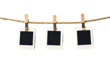 Three Polaroid photo frames hanging on a rope, with . Quality photography,  isolated on transparent png or white background