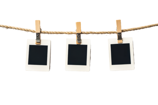 Three Polaroid photo frames hanging on a rope, with . Quality photography,  isolated on transparent png or white background