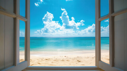 Beach window view Blue Sky ocean view seaside tropical nature landscape scene scenery wallpaper