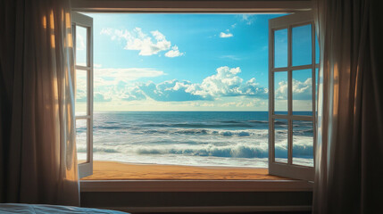Naklejka premium Bed room Beach window view ocean view seaside tropical nature landscape scene scenery wallpaper