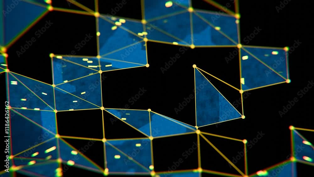 Poster futuristic geometric network with blue and yellow elements on black background