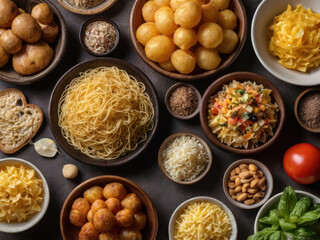 Mesa llena de alimentos con carbohidratos
