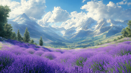 Obraz premium Lavender field with trees and mountains in the background. Sunrise.