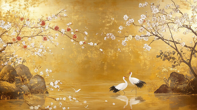 金箔の背景に描かれた池と鶴、桜と梅が彩る日本の伝統的な美