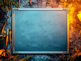 Blank Frame Surrounded by Natural Elements and Warm Light, Ideal for Presenting Art, Photography, or Creative Designs in a Vibrant Environment