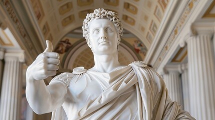 Obraz premium A classic marble statue of a Roman figure, showcasing an iconic ‘thumbs up’ gesture. The intricate details highlight its historical significance.