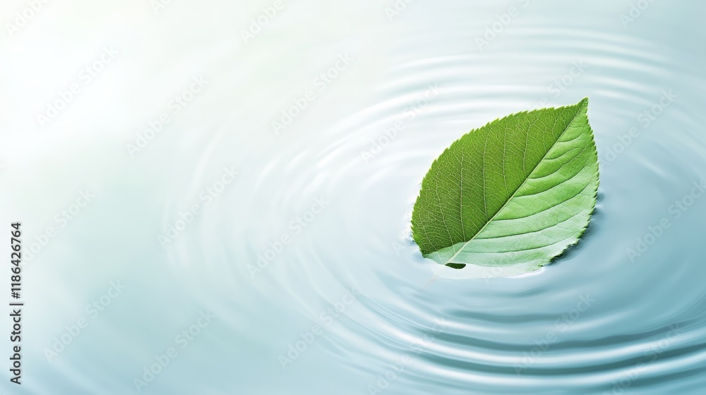 Poster green leaf gently floating on a rippling water surface, creating concentric circles and suggesting t