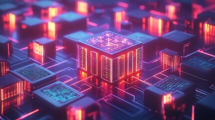 Fototapeta premium Neon Data Cube Network, Server Farm, Abstract.