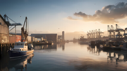 a detailed and realistic image of a harbor environment.