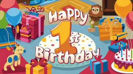 Obraz premium 1st Birthday - Photo, illustration, greeting card - birthday of a one year old child. Balloons, cake, gifts, toys - Happy birthday to the child