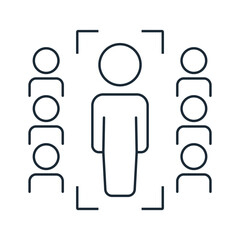 Business hiring and recruitment  concept with spotlight on one person .  Selection and individual talent searching.Vector linear icon illustration isolated on white background.
