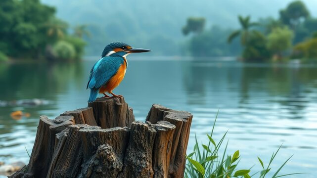 A kingfisher perched on a tree stump by the river, stump, bird