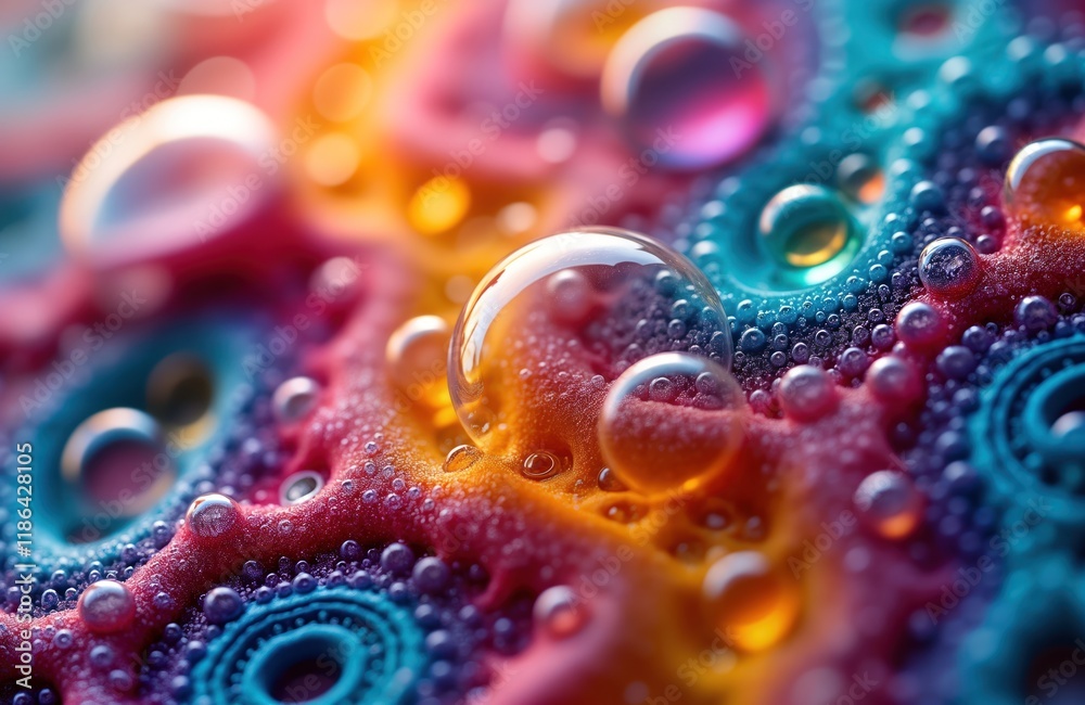 Fototapete Colorful abstract macro photo of soap bubbles with vibrant colors. Multicolored patterns create psychedelic effect. Soap bubbles on textured surface. Iridescent light refraction. Intricate details