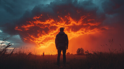Fototapeta premium Silhouette of a man walking on a stormy day, for the concept: Emerging from a crisis.