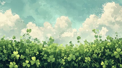 Obraz premium Lush Green Clover Field Under Bright Blue Sky with Soft Fluffy Clouds