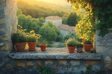 Terracotta pots with flowers on a window sill overlooking a countryside village at sunset