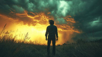 silhouette on the background of clouds and darkness. A sense of loneliness, freedom, despair or helplessness.