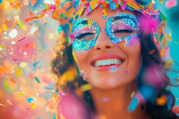 Beautiful Brazilian woman enjoying the carnivals with colorful confetti in the background