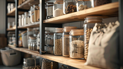 Naklejka premium A home pantry stocked with glass jars filled with grains, nuts, and seeds, alongside a row of reusable shopping bags. This organized, sustainable pantry reflects the principles of mindful eating 