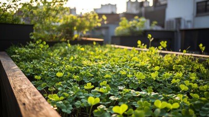 Lush Green Rooftop Garden with Sunlight in Urban Environment During Golden Hour