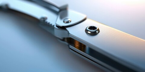 Close-up View of a Silver Metal Folding Knife with Clean Lines and Intricate Design Features Capturing the Beauty of Modern Craftsmanship and Precision Engineering