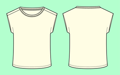 Ladies, Girls short sleeve ecru colour crew neck t-shirt flat sketch, outline, CAD, clothing mockup.